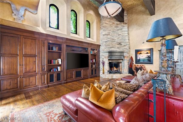 Fireplace, Interior, Living room, Stone Walls, Wooden Beams, Wood Texture Flooring