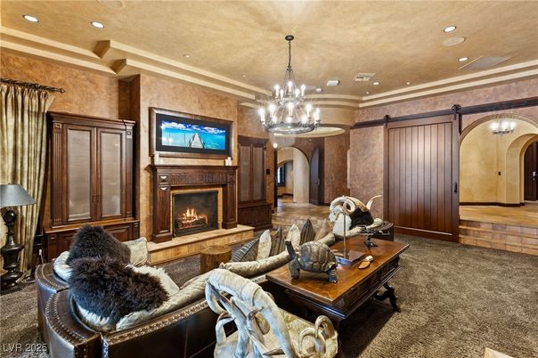 Chandelier, Fireplace, Interior, Living room, Recessed Lighting