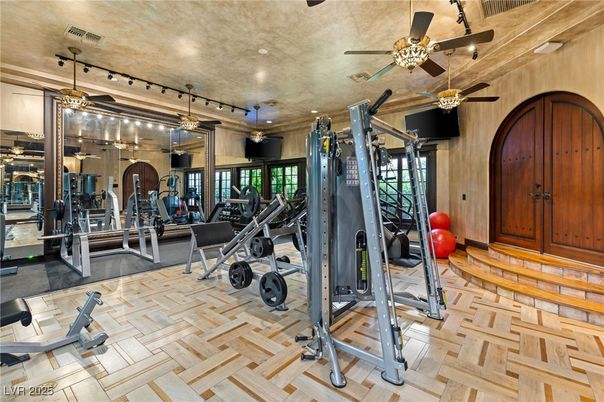 Fitness Equipment, Gym, Interior, Recessed Lighting, Wood Texture Flooring