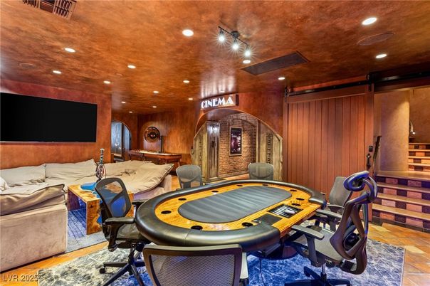 Billiard Table, Fitness Equipment, Game Room, Interior, Recessed Lighting, Wooden Walls