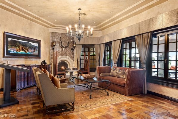Chandelier, Fireplace, Interior, Living room, Recessed Lighting, Wood Texture Flooring