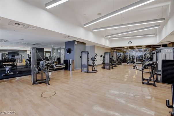 Fitness Equipment, Gym, Interior, Recessed Lighting, Wood Texture Flooring