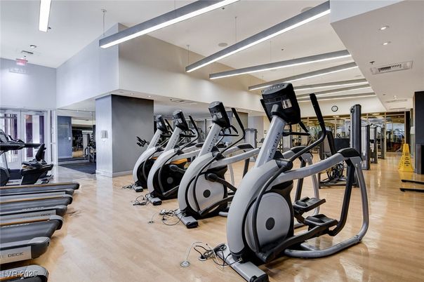 Fitness Equipment, Gym, Interior, Recessed Lighting, Wood Texture Flooring