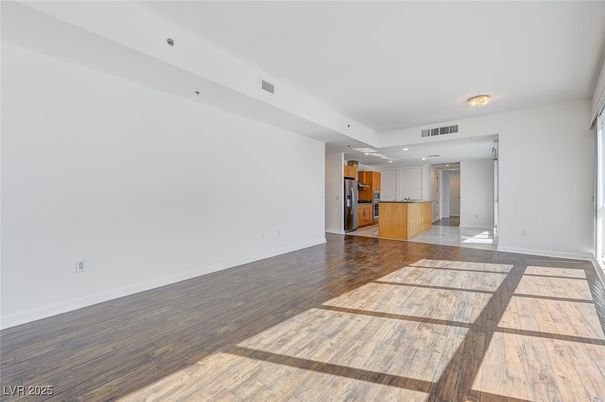 Empty room, Interior, Kitchen, Recessed Lighting, Wood Texture Flooring