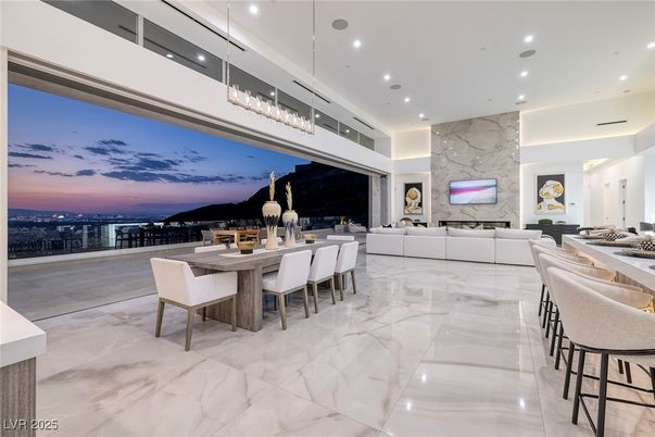 Dining room, Fireplace, Interior, Living room, Marble, Marble Walls, Pendant Lights, Recessed Lighting