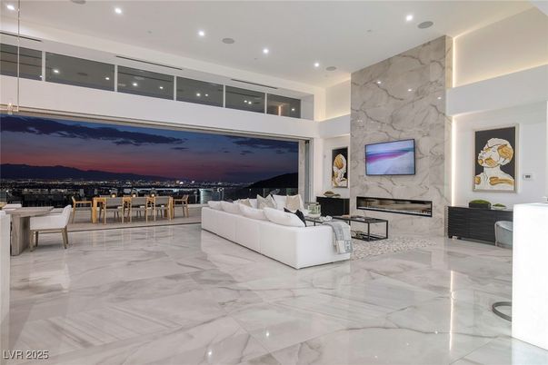 Dining room, Fireplace, Interior, Living room, Marble, Marble Walls, Recessed Lighting