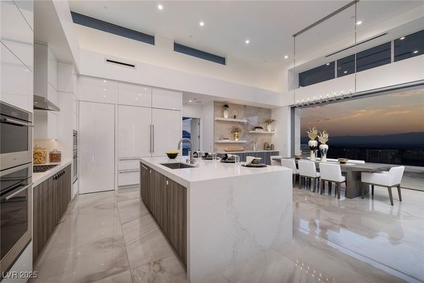 Dining room, Interior, Kitchen, Marble, Recessed Lighting, Stainless Steel Appliances, Water