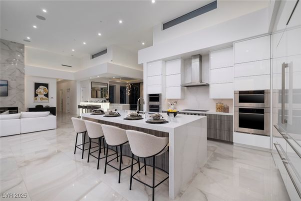 Interior, Kitchen, Living room, Marble Walls, Recessed Lighting, Stainless Steel Appliances