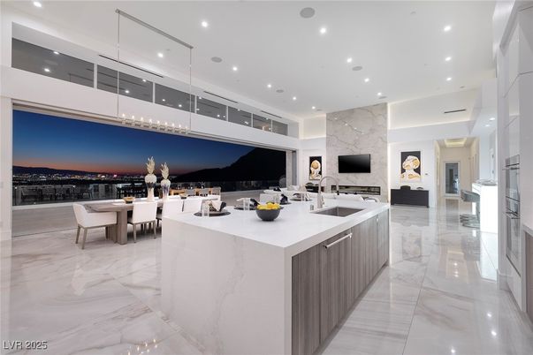 Dining room, Fireplace, Interior, Kitchen, Living room, Marble, Marble Walls, Pendant Lights, Recessed Lighting