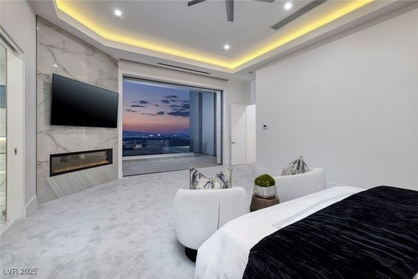 Bedroom, Fireplace, Interior, Marble Walls, Recessed Lighting