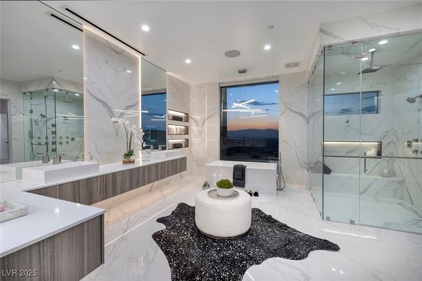 Bathroom, Glass Shower, Interior, Marble, Marble Walls, Recessed Lighting