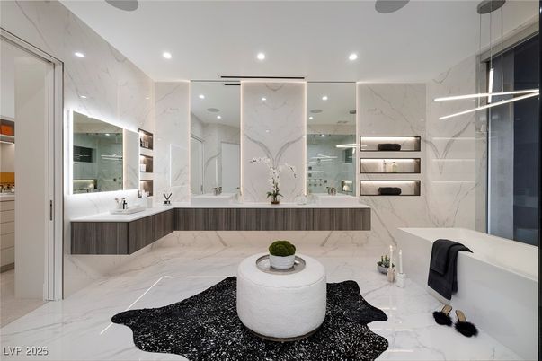 Bathroom, Dual Sink Vanities, Interior, Marble, Marble Walls, Recessed Lighting