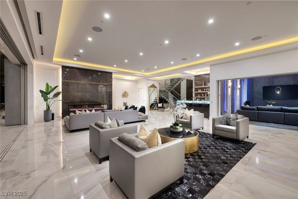 Fireplace, Interior, Living room, Marble, Recessed Lighting