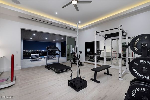 Fitness Equipment, Gym, Interior, Recessed Lighting, Wood Texture Flooring