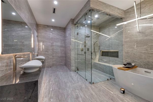 Bathroom, Glass Shower, Interior, Marble, Recessed Lighting