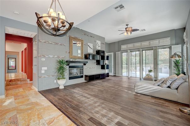 Chandelier, Fireplace, Interior, Living room, Wood Texture Flooring