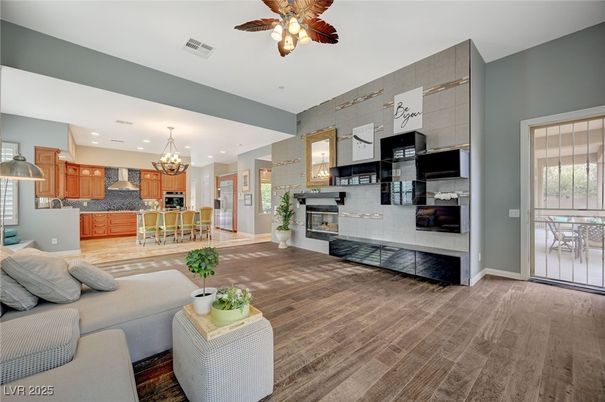 Chandelier, Interior, Kitchen, Living room, Recessed Lighting, Stainless Steel Appliances, Wood Texture Flooring