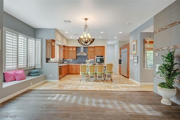Chandelier, Interior, Kitchen, Pendant Lights, Recessed Lighting, Stainless Steel Appliances, Wood Texture Flooring