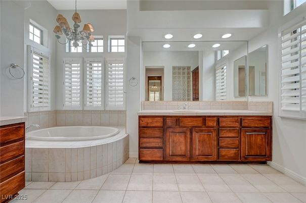 Bathroom, Chandelier, Dual Sink Vanities, Interior, Recessed Lighting