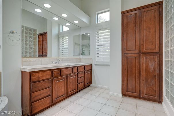 Bathroom, Dual Sink Vanities, Interior, Recessed Lighting, Tile Countertops