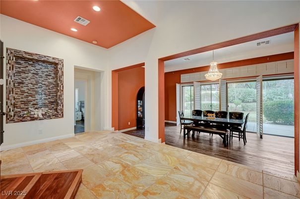 Dining room, Interior, Pendant Lights, Recessed Lighting, Wood Texture Flooring