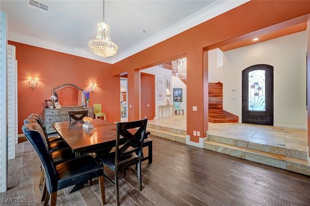 Chandelier, Dining room, Interior, Recessed Lighting, Wood Texture Flooring