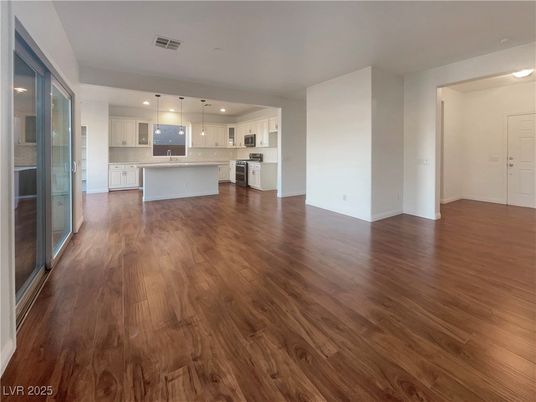 Empty room, Interior, Kitchen, Pendant Lights, Recessed Lighting, Wood Texture Flooring