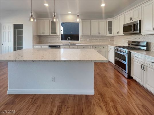 Interior, Kitchen, Pendant Lights, Recessed Lighting, Stainless Steel Appliances, Wood Texture Flooring