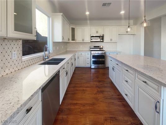 Interior, Kitchen, Pendant Lights, Recessed Lighting, Stainless Steel Appliances, Wood Texture Flooring