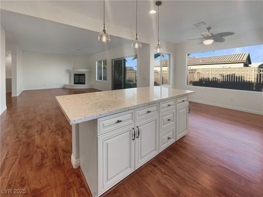 Fireplace, Interior, Pendant Lights, Recessed Lighting, Wood Texture Flooring