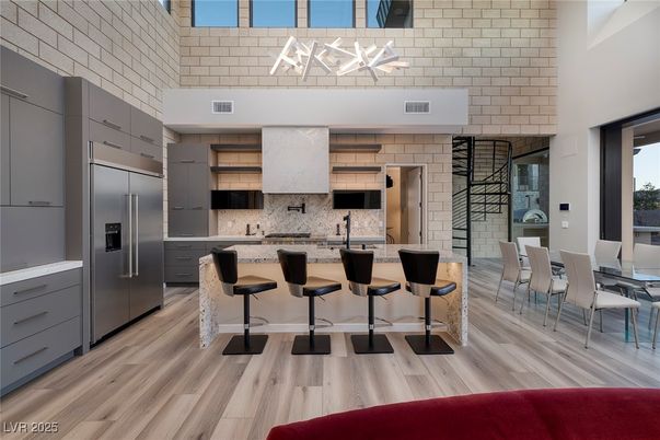 Dining room, Interior, Kitchen, Stainless Steel Appliances, Stone Walls, Wood Texture Flooring