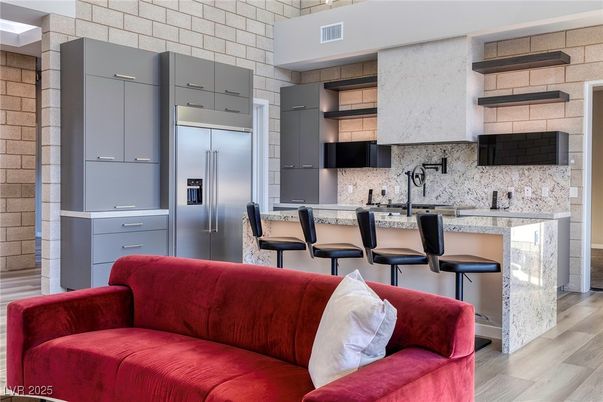 Interior, Kitchen, Living room, Stainless Steel Appliances, Stone Walls, Wood Texture Flooring