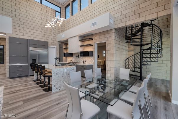 Dining room, Interior, Kitchen, Stainless Steel Appliances, Stone Walls, Wood Texture Flooring