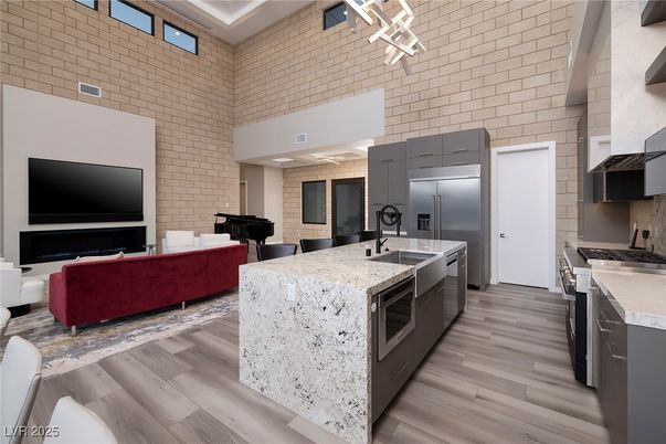 Interior, Kitchen, Living room, Stainless Steel Appliances, Stone Walls, Wood Texture Flooring