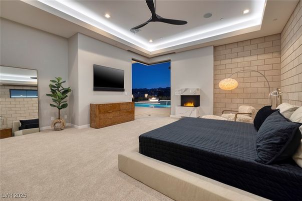 Bedroom, Fireplace, Interior, Recessed Lighting, Stone Walls