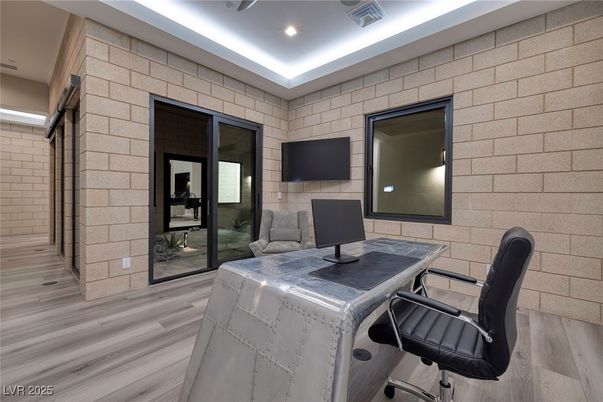 Home Office, Interior, Recessed Lighting, Stone Walls, Wood Texture Flooring