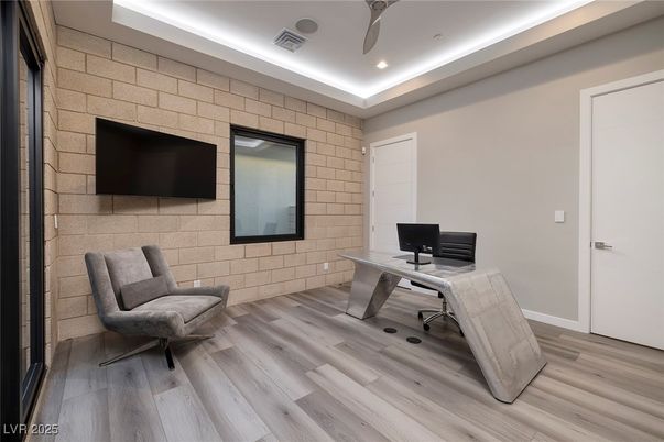 Home Office, Interior, Recessed Lighting, Stone Walls, Wood Texture Flooring