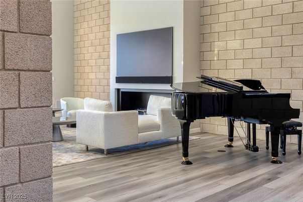 Fireplace, Interior, Piano, Stone Walls, Wood Texture Flooring