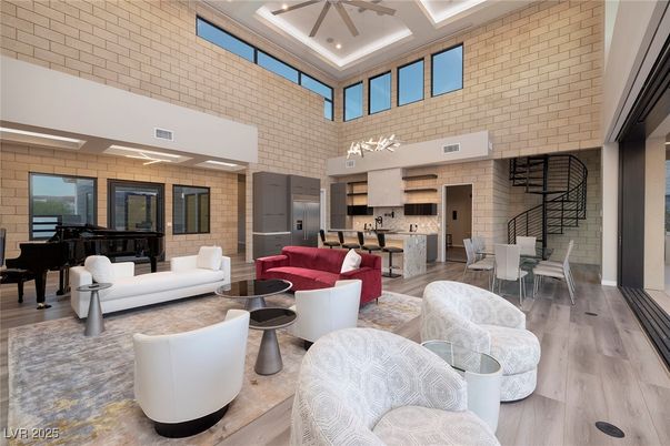 Dining room, Interior, Kitchen, Living room, Piano, Recessed Lighting, Stone Walls, Wood Texture Flooring