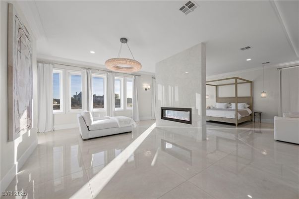 Bedroom, Chandelier, Fireplace, Interior, Pendant Lights, Recessed Lighting