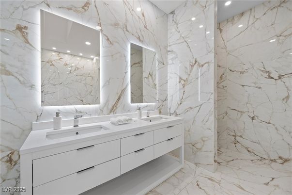 Bathroom, Dual Sink Vanities, Interior, Marble, Marble Walls, Recessed Lighting