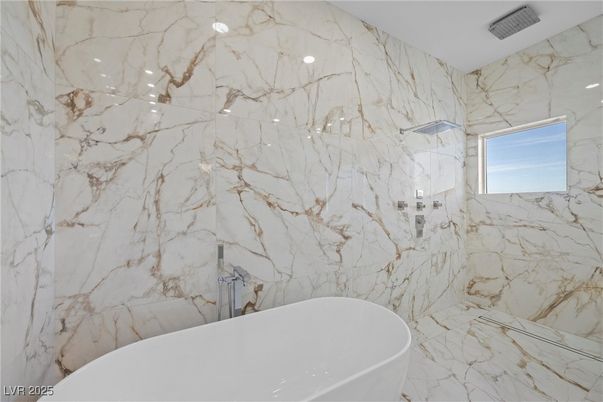 Bathroom, Free Standing Baths, Interior, Marble, Marble Walls, Recessed Lighting