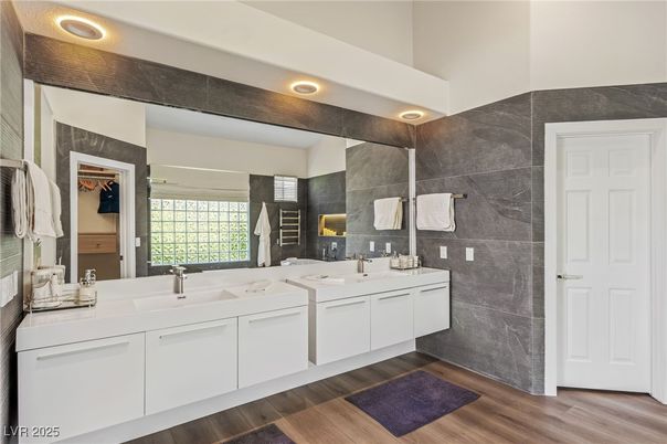 Bathroom, Dual Sink Vanities, Interior, Recessed Lighting, Wood Texture Flooring