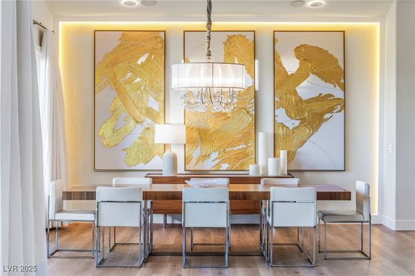 Dining room, Interior, Pendant Lights, Recessed Lighting, Wood Texture Flooring
