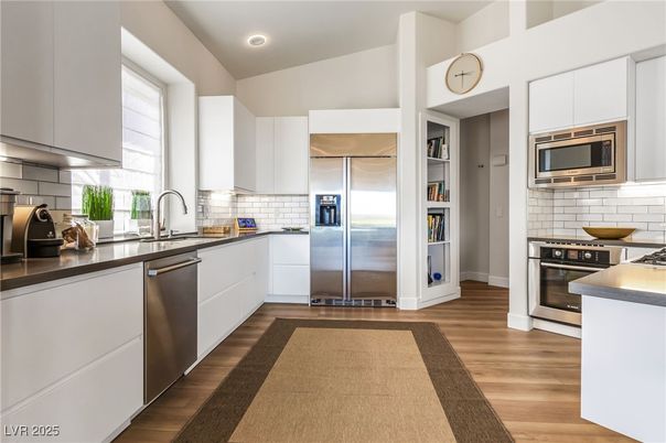 Interior, Kitchen, Recessed Lighting, Stainless Steel Appliances, Wood Texture Flooring
