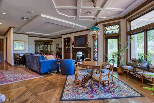 Dining room, Fireplace, Interior, Living room, Pendant Lights, Recessed Lighting, Wood Texture Flooring