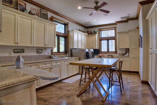 Dining room, Interior, Kitchen, Recessed Lighting, Washer, Wood Texture Flooring