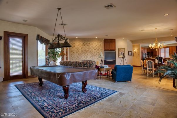 Billiard Table, Chandelier, Dining room, Fireplace, Game Room, Interior, Pendant Lights, Recessed Lighting