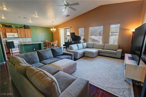 Chandelier, Dining room, Interior, Kitchen, Living room, Piano, Recessed Lighting, Wood Texture Flooring