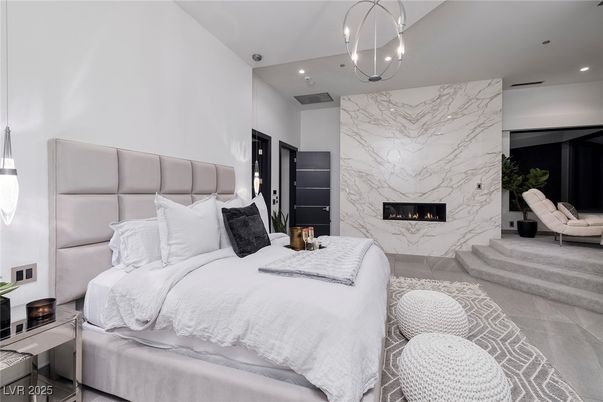 Bedroom, Fireplace, Interior, Marble Walls, Pendant Lights, Recessed Lighting